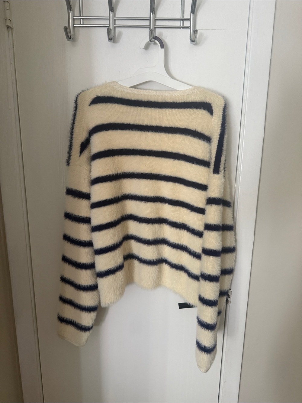 J.Crew Cream and Navy Striped V-Neck Brushed Cardigan Sweater - Women - Picture 4 of 4